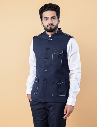 Plain navy terry rayon waistcoat