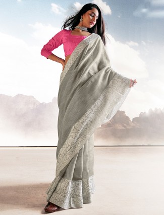Grey linen saree with thread weaving for festive events