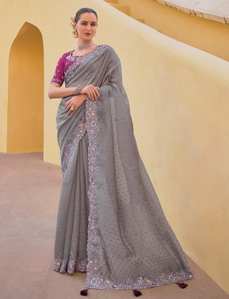 Grey tissue organza saree