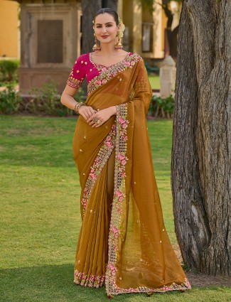 Mustard yellow tissue organza silk saree