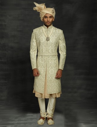 Cream silk double layer sherwani for traditional occasions