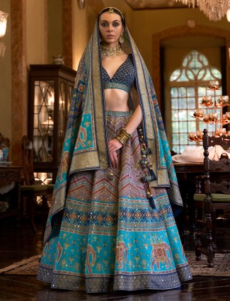 Blue and grey silk printed lehenga choli