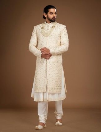 Latest beige embroidery sherwani in raw silk