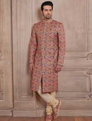 Latest beige silk embroidery sherwani