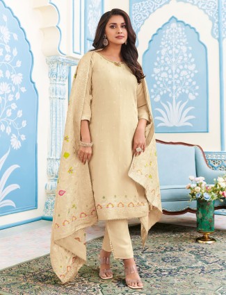 Beige tissue silk straight cut salwar suit