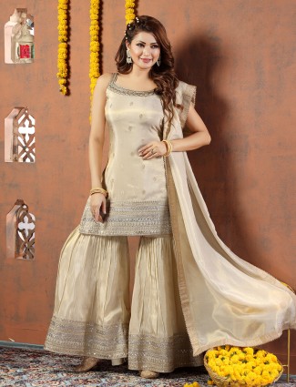 Beige tissue silk sharara suit