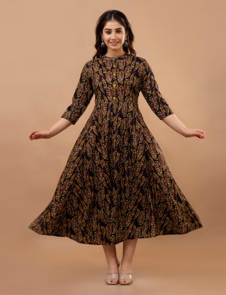 Printed black cotton long kurti