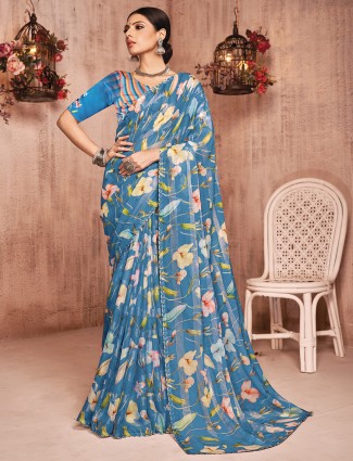 Trendy blue floral printed viscose saree