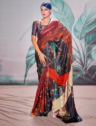 Printed brown saree in satin crepe