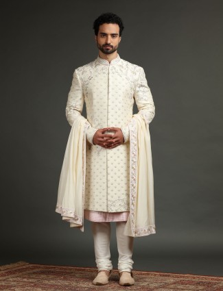 Latest raw silk cream embroidery sherwani