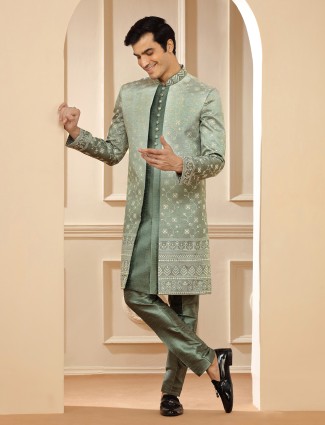 Green shaded indowestern in silk