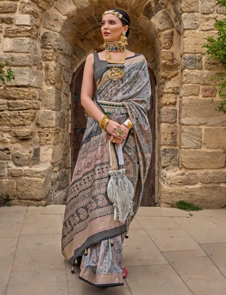 Elegant grey printed saree in silk