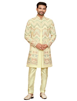 Fashionable light yellow indowestern for men