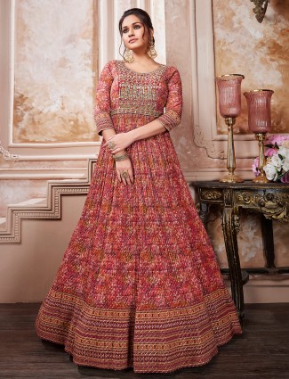 Stylish Maroon Georgette Printed Anarkali Suit