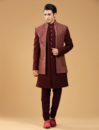 Maroon Terry Rayon Indowestern with Thread Weaving