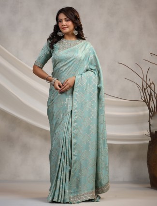 Silk mint green foil printed saree