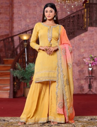 Beautiful Mustard yellow sharara suit in georgette