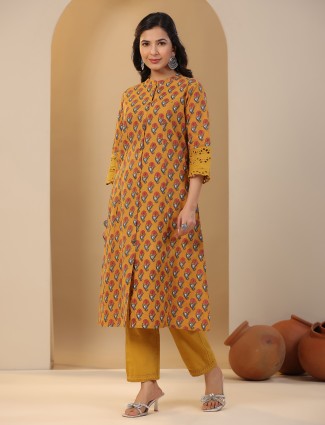 Mustard yellow printed kurti in cotton