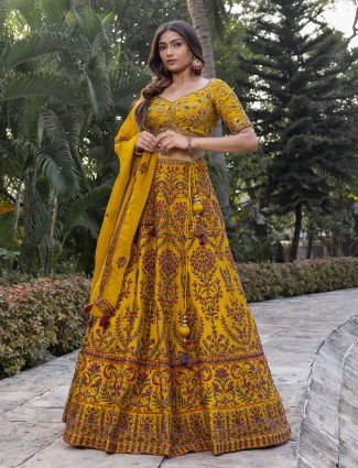 Trendy mustard yellow raw silk lehenga choli