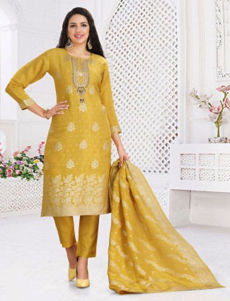 Latest mustard yellow silk kurti set