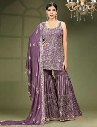 Georgette purple sharara suit for wedding