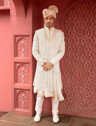 Trendy raw silk peach sherwani