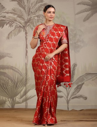 Elegant red dola silk saree