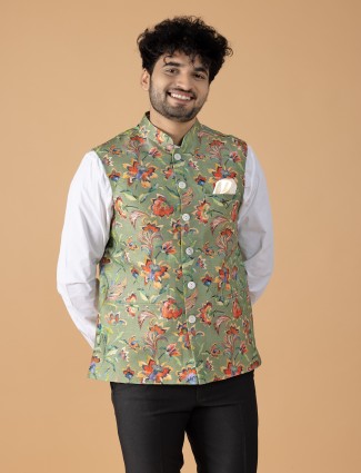 Latest silk sage green printed waistcoat