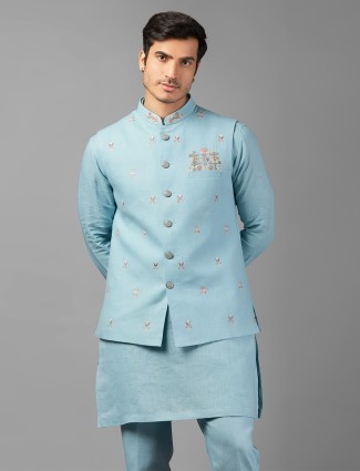 Elegant sky blue linen  waistcoat set