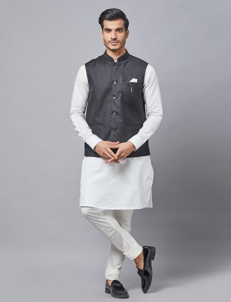 Solid Black Cotton Waistcoat Set