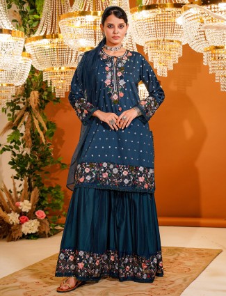 Latest teal blue silk sharara suit