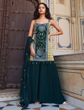 Teal green printed palazzo suit in silk