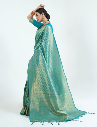 Kanjivaram silk turquoise blue wedding events saree