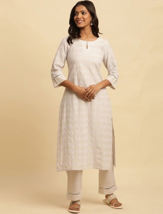 W beige cotton embroidery kurti with pant