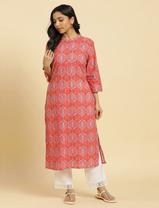 W coral pink straight printed cotton kurti