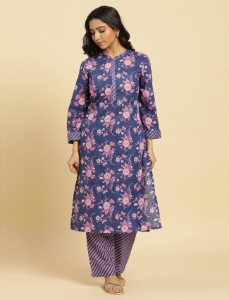 W cotton navy printed kurti with pant