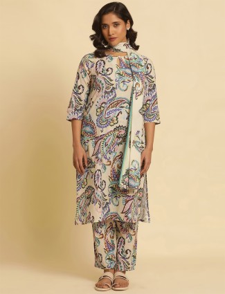 W off-white cotton printed kurti set