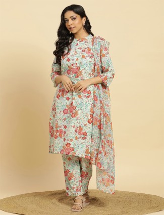 W off-white printed cotton kurti set