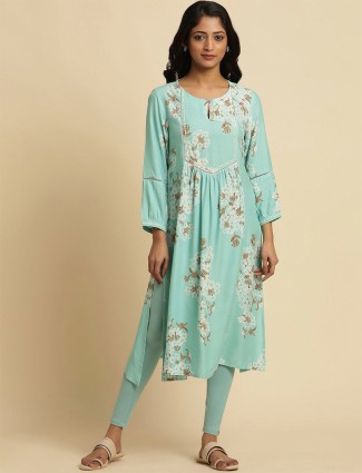 W sea green printed rayon cotton kurti