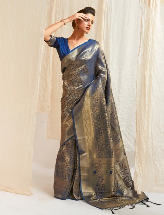 Royal blue kanjivaram silk saree for wedding occasion