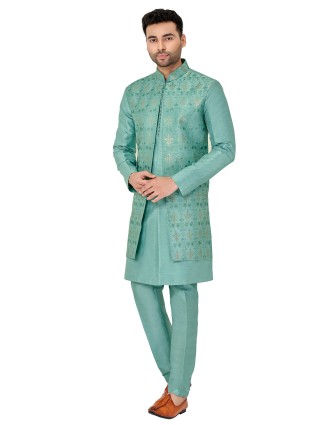 Sea green silk wedding wear indowestern for men