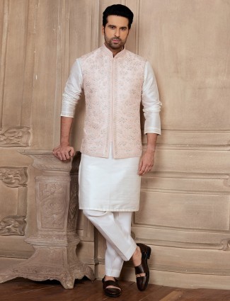 White and Peach Silk Wedding Waistcoat Set