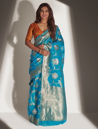 Aqua Blue Organza Saree for Weddings