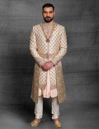 Silk beige wedding wear sherwani for men