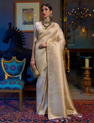 Beige Kanjivaram saree for wedding attire