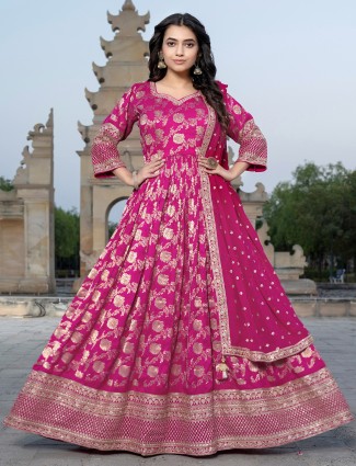 Magenta silk floor length anarkali suit