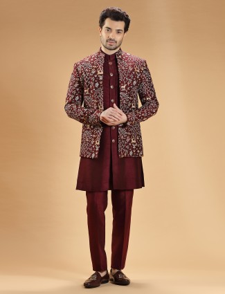 Maroon indowestern for weddings in silk