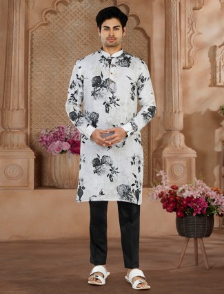 White and black printed cotton kurta suit