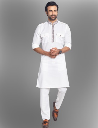 White cotton plain festive pathani suit