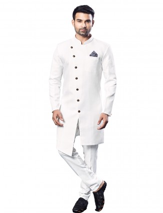 Cotton silk white semi indowestern for men